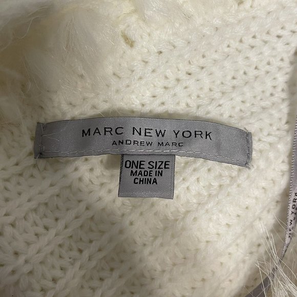 Andrew Marc New York Poncho Sweater One Size White Faux Fur Trim V Neck Fringe - Picture 4 of 6